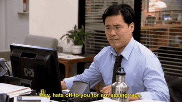 Randall Park as Asian Jim saying, &quot;Hey, hats off to you for not seeing race&quot;