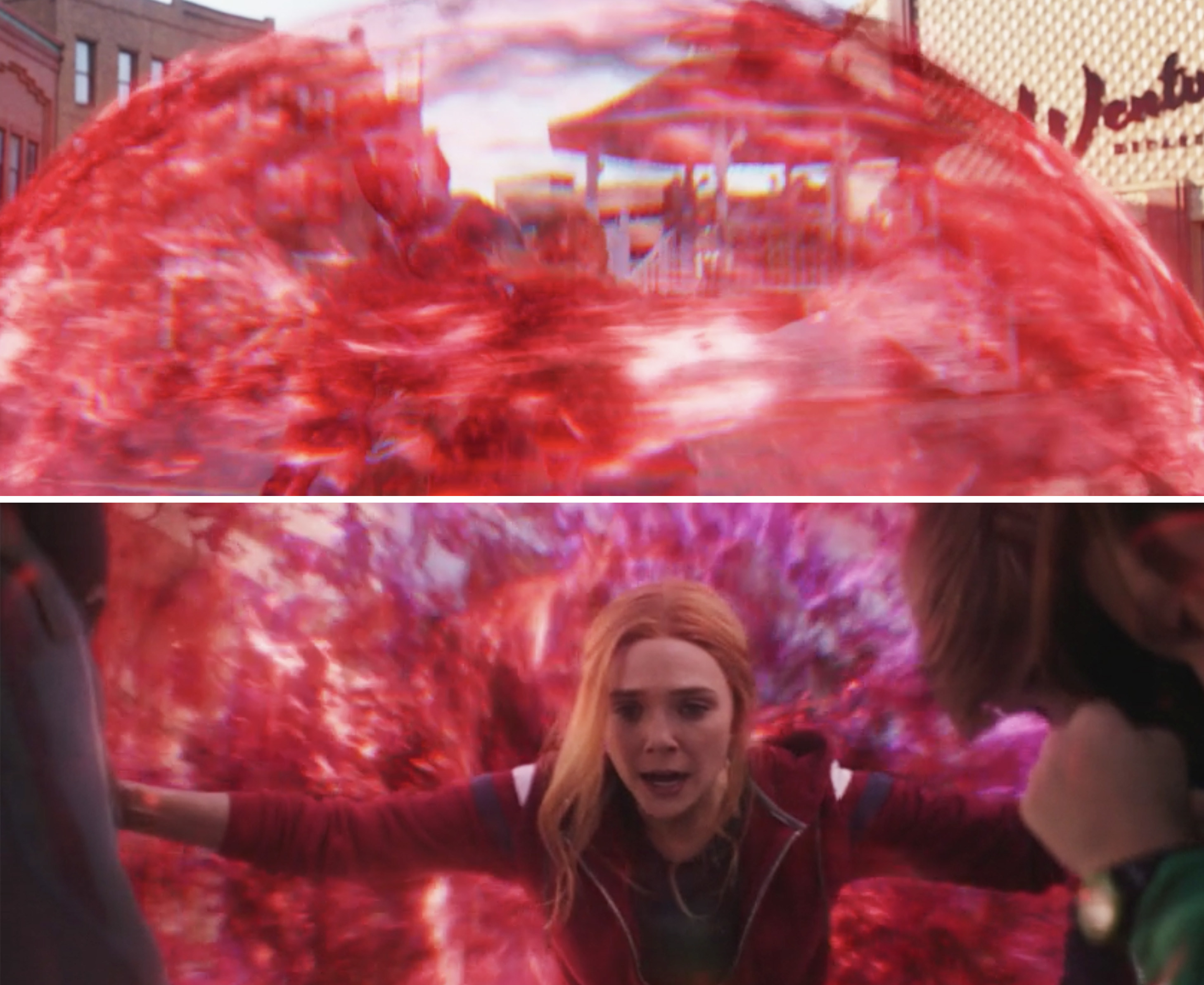 Wanda creating a red forcefield around Billy and Tommy 