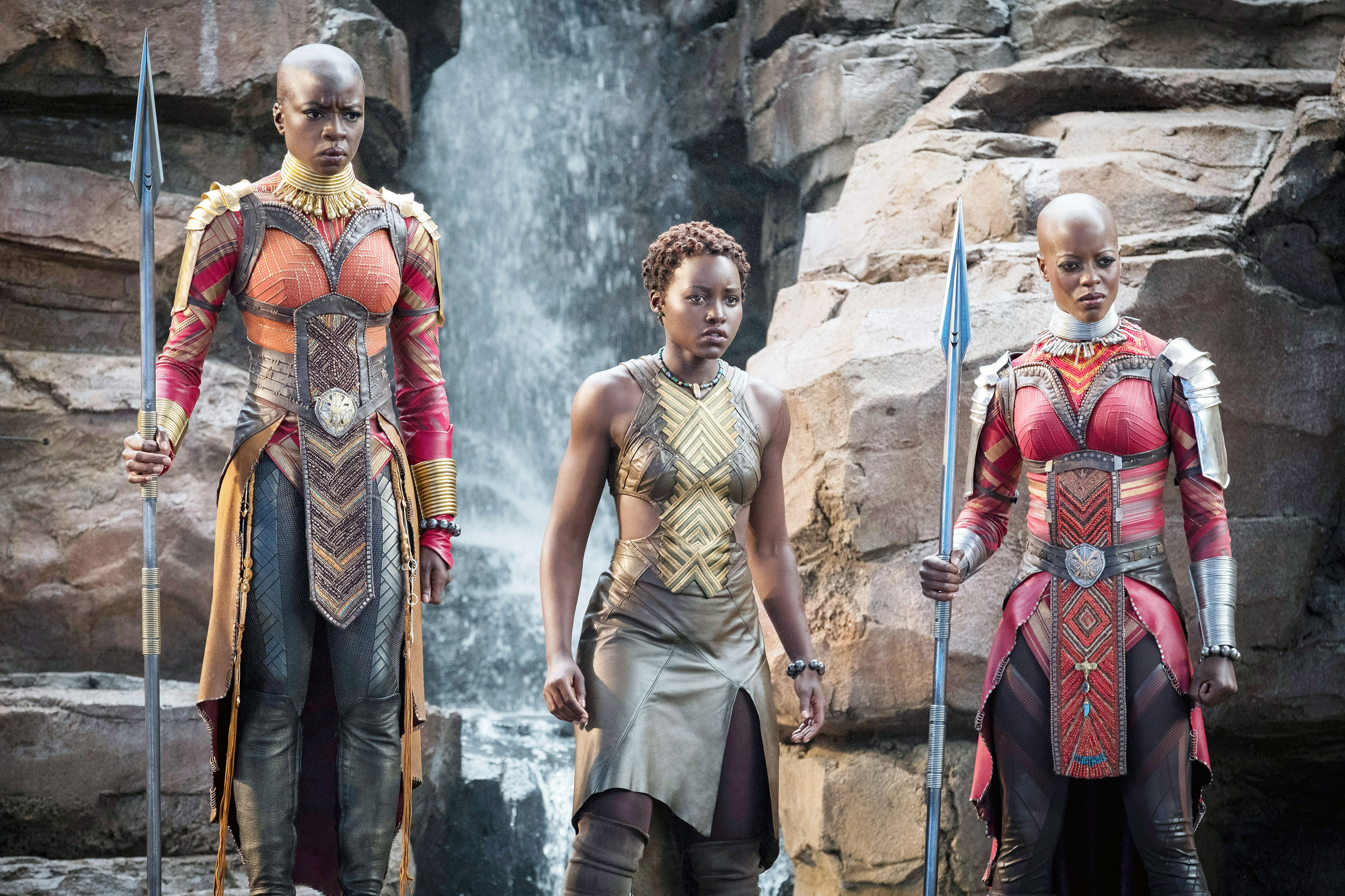 BLACK PANTHER, from left: Danai Gurira, Lupita Nyong&#x27;o, Florence Kasumba