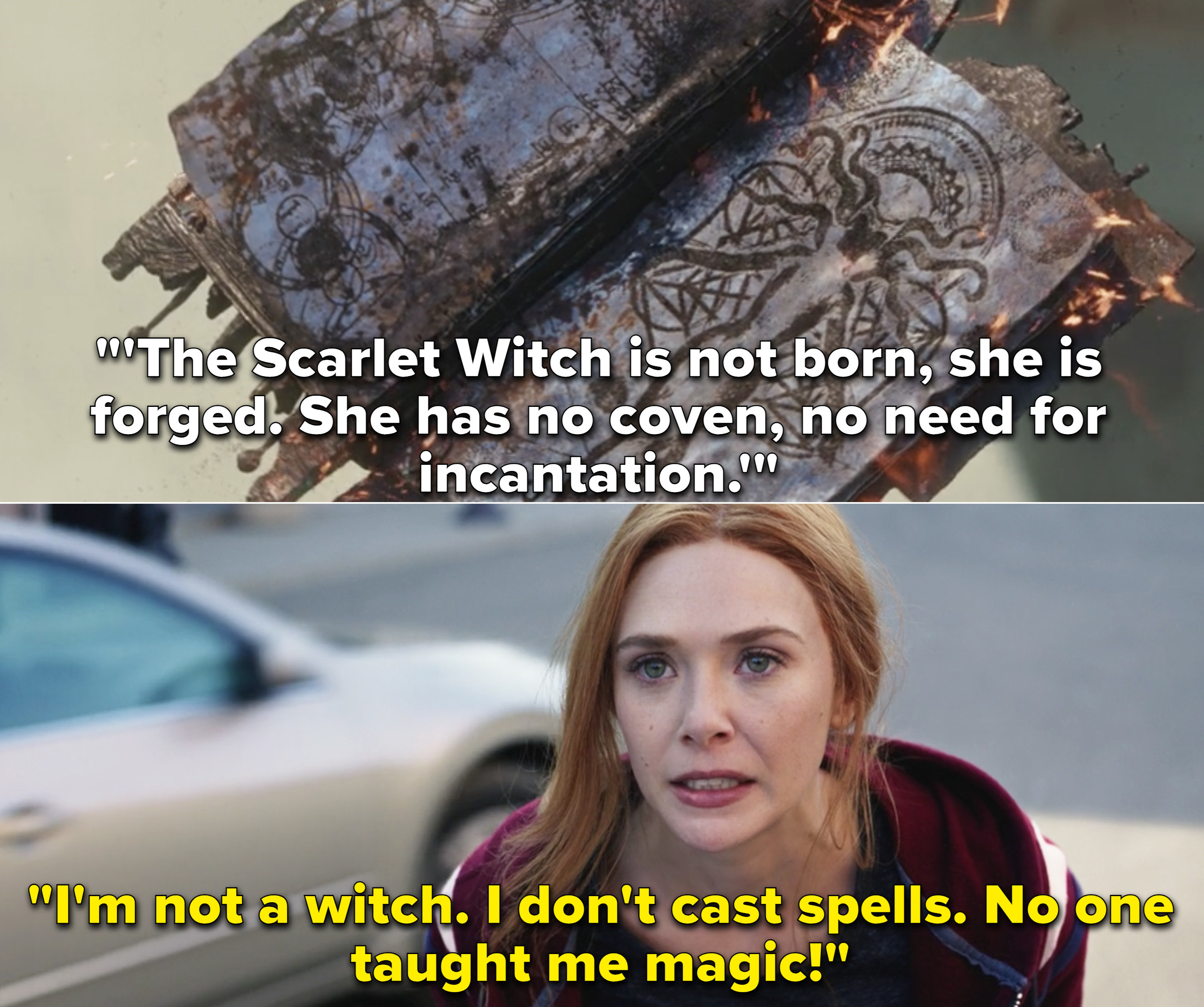 Agatha saying, "The Scarlet Witch is not born, she is forged. She has no coven, no need for incantation"