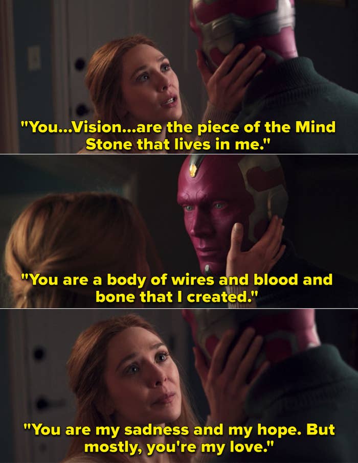 Wanda saying, &quot;You...Vision are the piece of the Mind Stone that lives in me. You are a body of wires and blood and bone that I created. You are my sadness and my hope. But mostly, you&#x27;re my love&quot;
