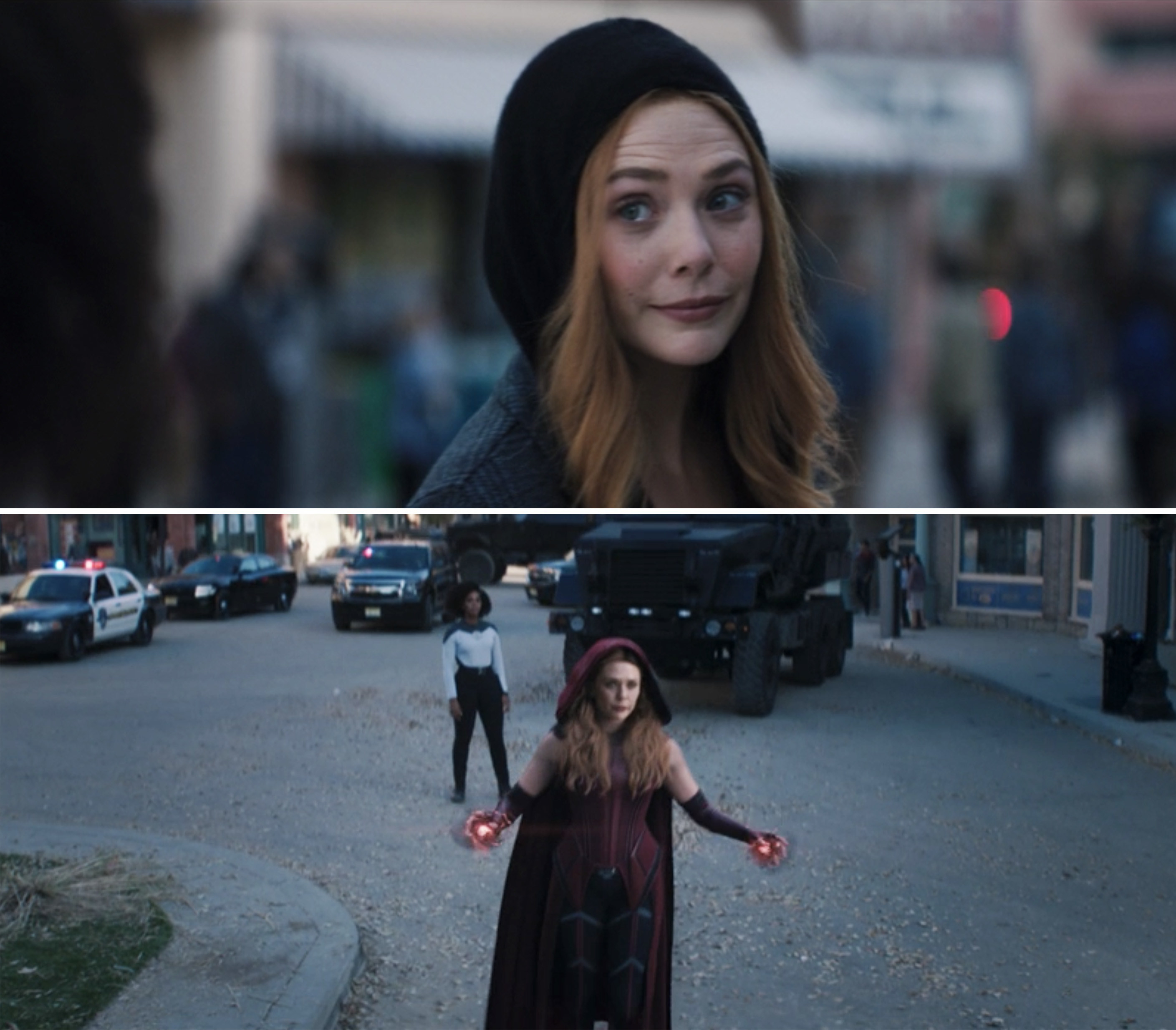 Wanda's hoodie transforming into her Scarlet Witch outfit