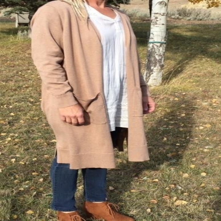A different Amazon reviewer wearing the cardigan in brown