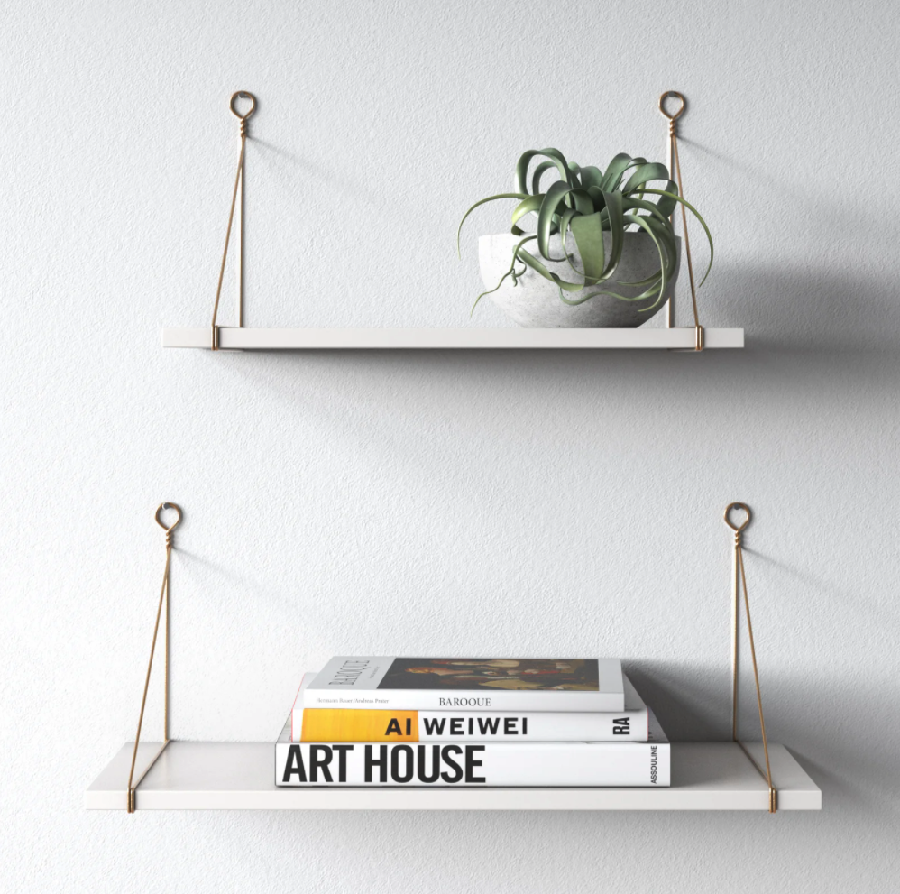 two white bracket shelves on a will with books and a plant on them 