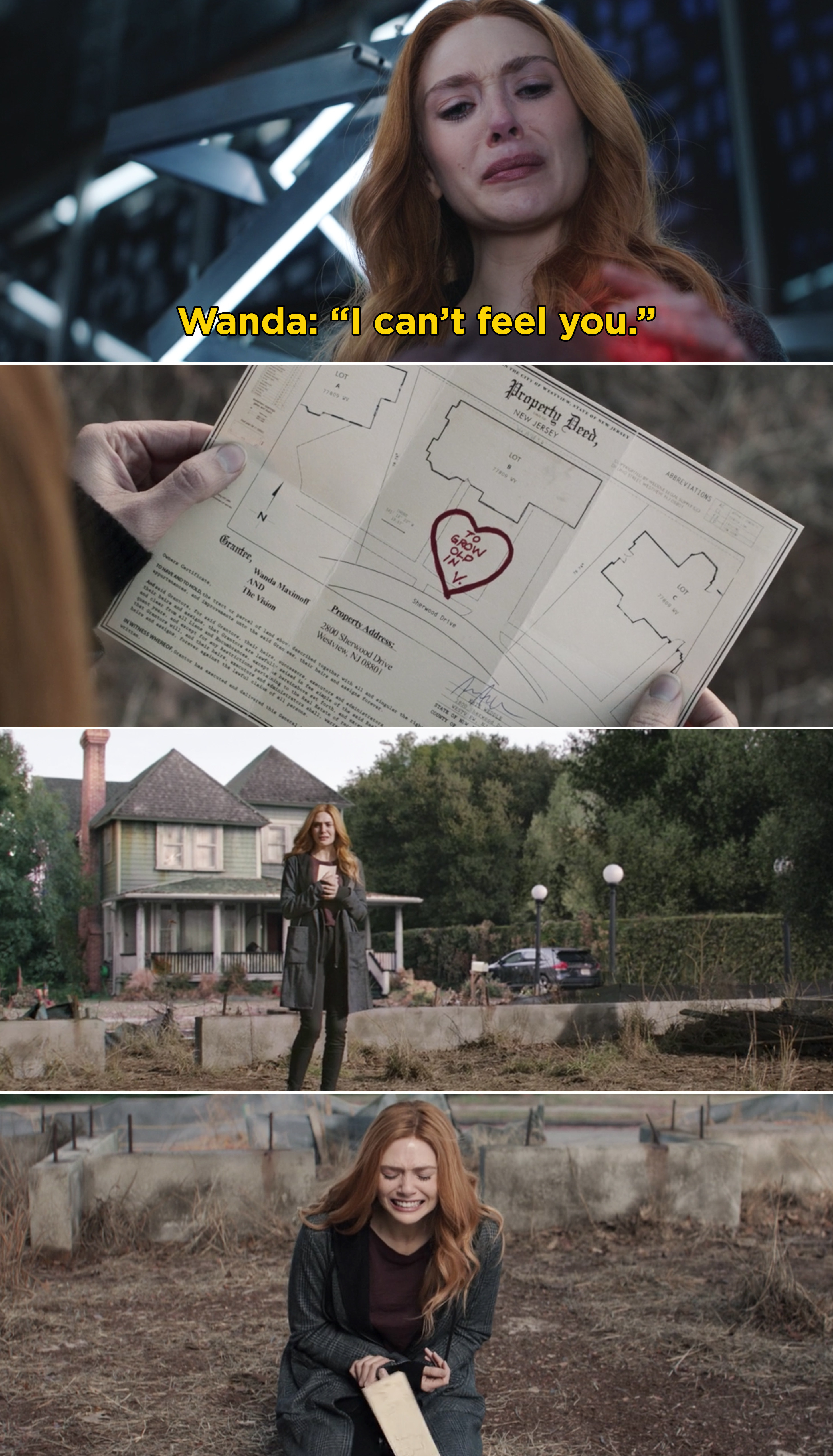 Wanda saying, &quot;I can&#x27;t feel you&quot; and looking at a property deed that says, &quot;To grow old in V.&quot; And Wanda breaking down crying