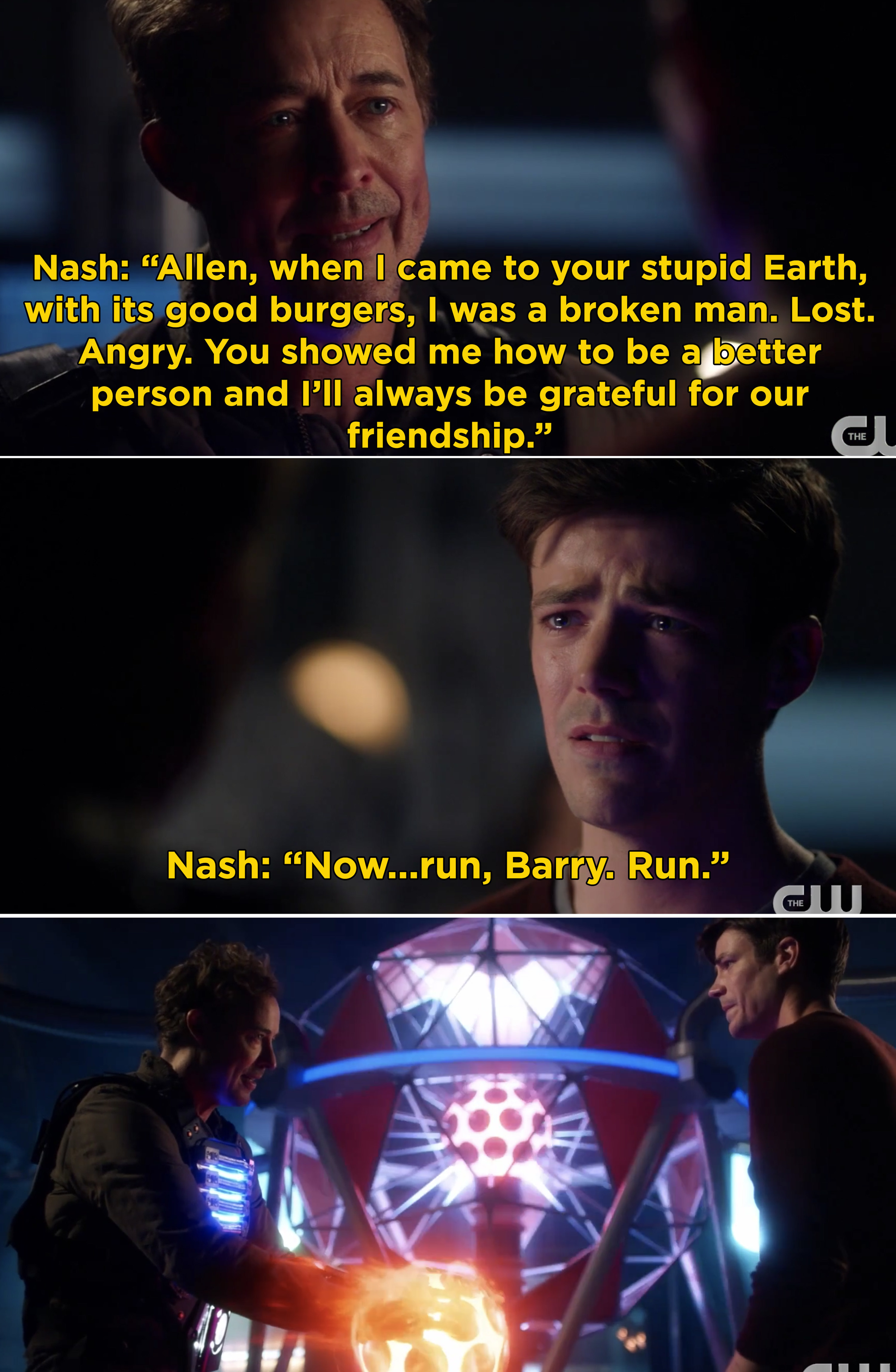 Nash telling Barry that he helped him become a better man, and then telling Barry, &quot;Run, Barry. Run&quot;