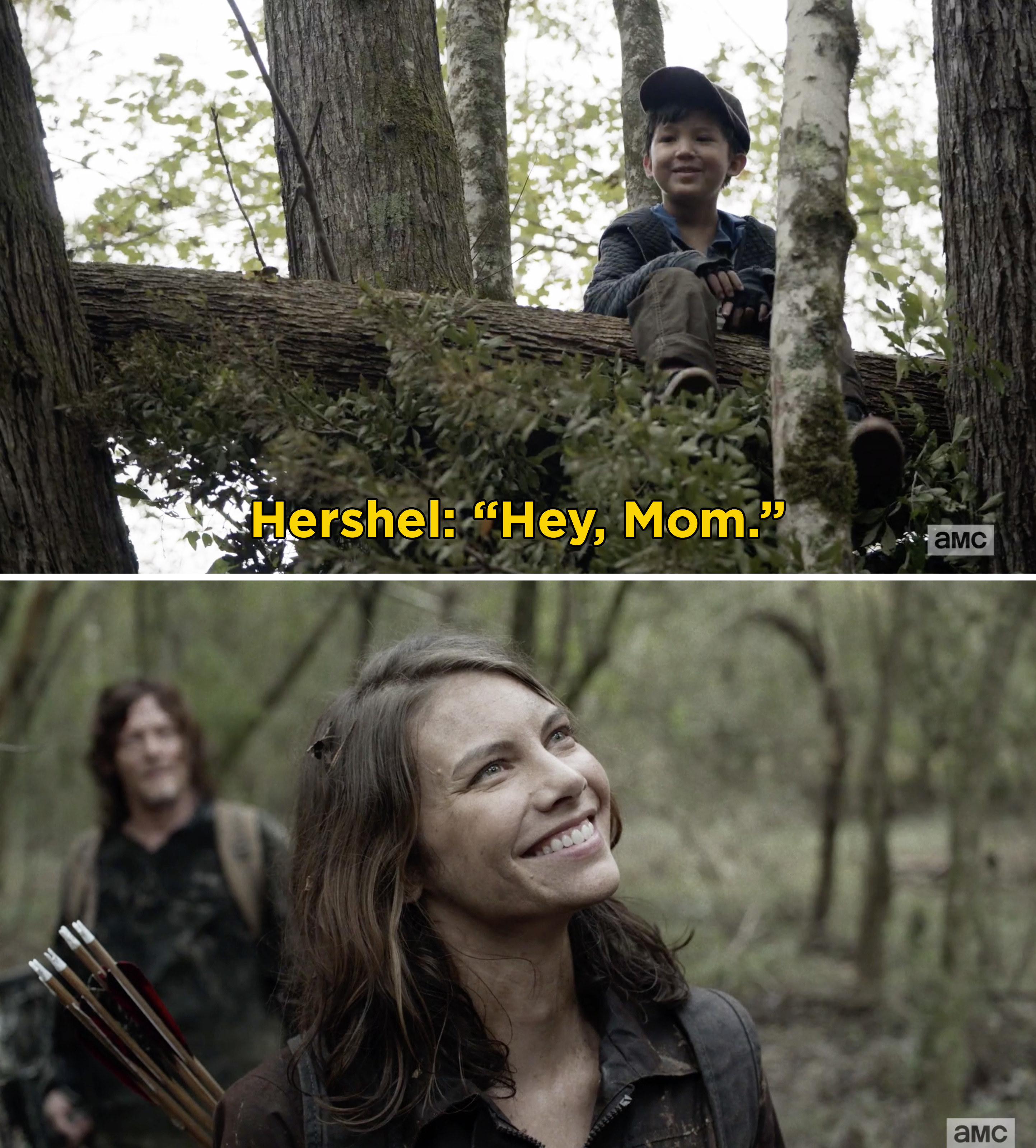 Hershel Jr. sitting in a tree and saying, &quot;Hey, Mom&quot; and Maggie smiling at him