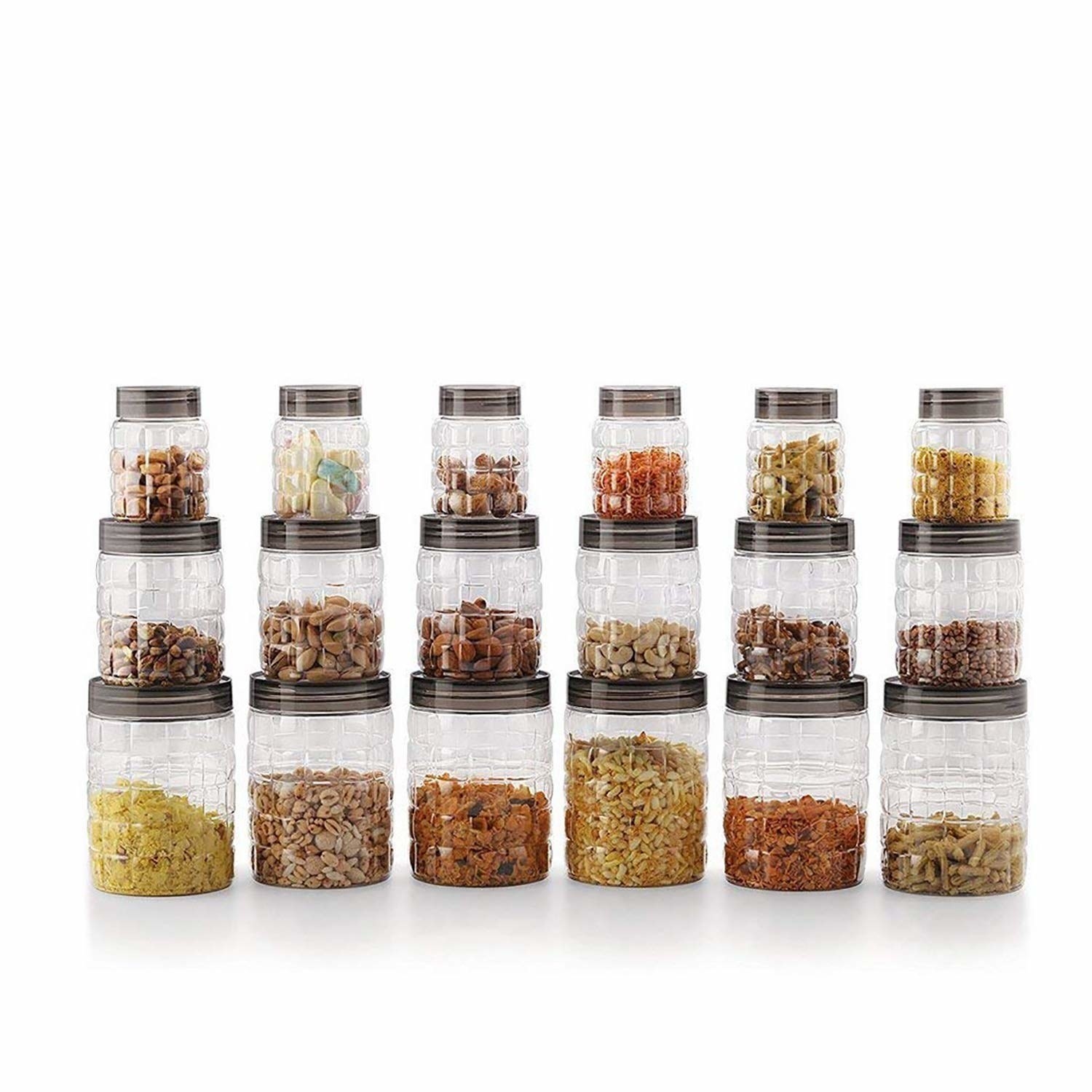 An 18 piece canister set with food items in it 