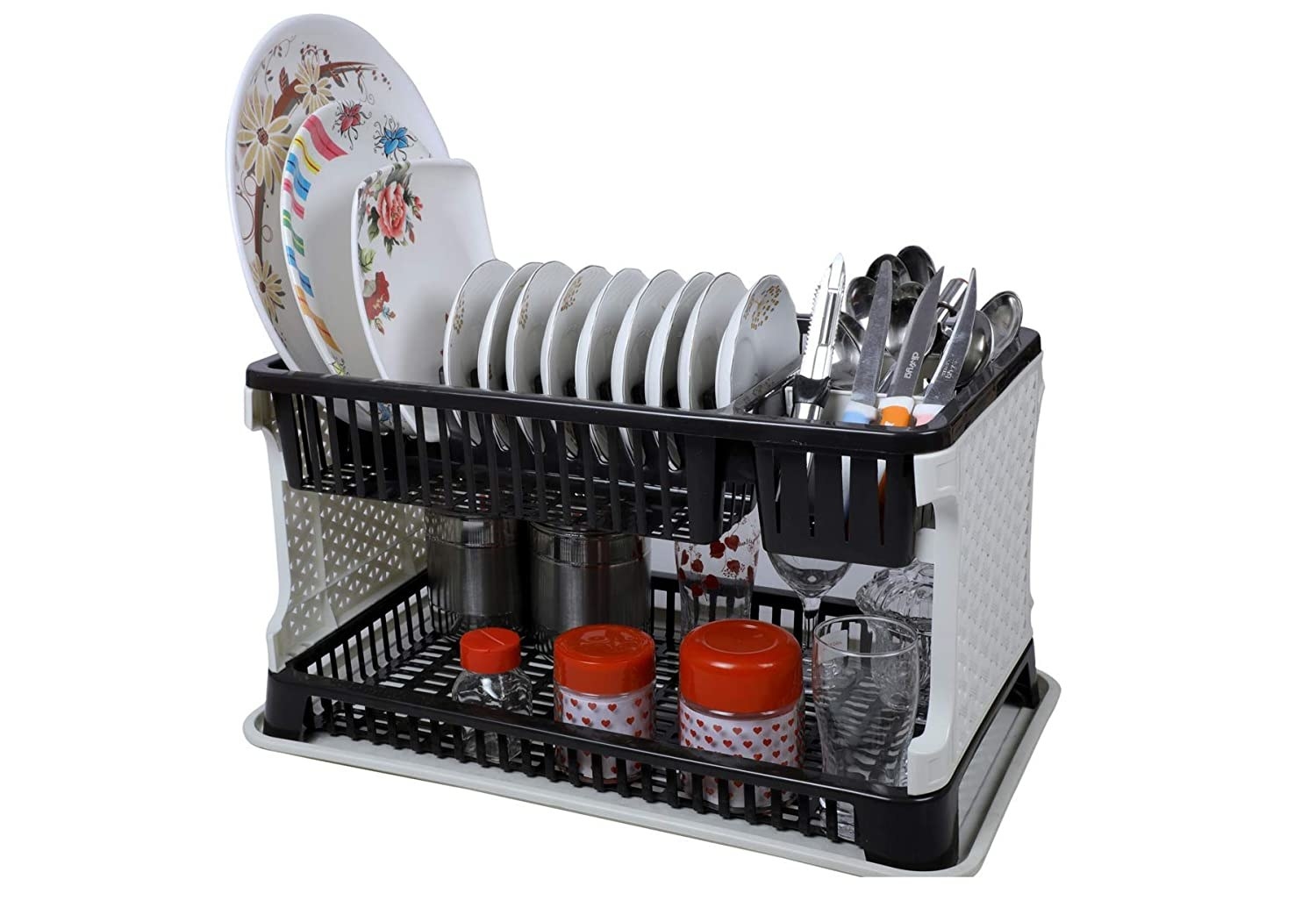 A black and white dish organising rack with dishes and jars in it.