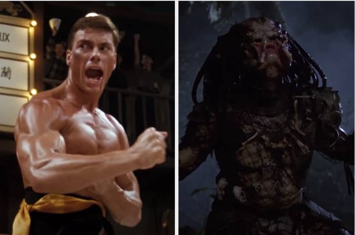 Van Damme shirtless and fighting in "Bloodsport" and the scary alien from "Predator"