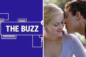 Splitscreen of purple graphic with THE BUZZ in white letters on the left side and a photo of Reese Witherspoon and Ryan Phillippe in Cruel Intentions on the right side (CREDIT: COLUMBIA PICTURES)