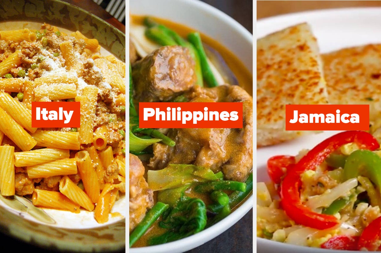 Italian pasta; Filipino stew; Jamaican fish