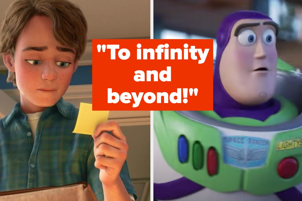 Andy is on the left looking at a sticky note with Buzz looking confused on the right labeled,