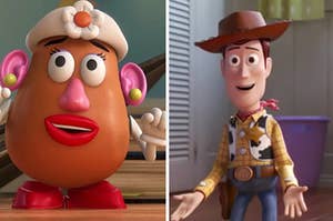 Mrs. Potato Head is on the left with Woody on the right holding his hands out