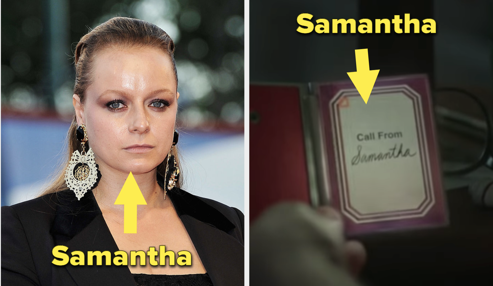 Samantha Morton and an image of the virtual assistant in the film, which bears the text &quot;Call from Samantha&quot;