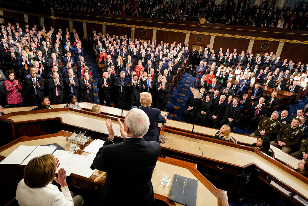 The chamber for the House of Representatives filled with congressmen as Donald Trump makes a speach