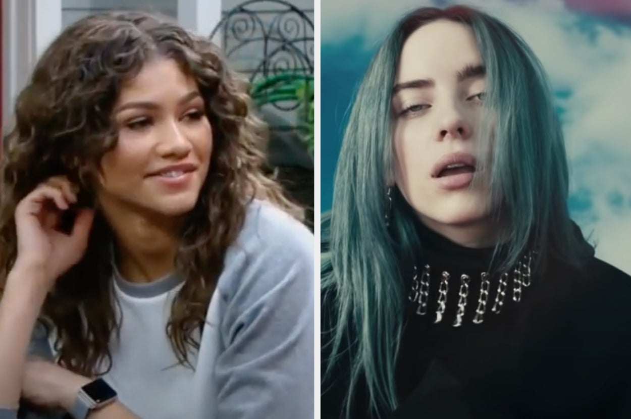 Zendaya is on the left leaning on her hand with Billie Eilish on the right, posing