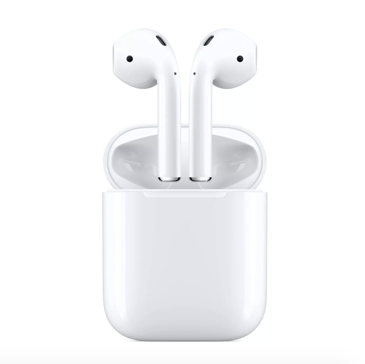 Pair of Apple Airpods with white charging case