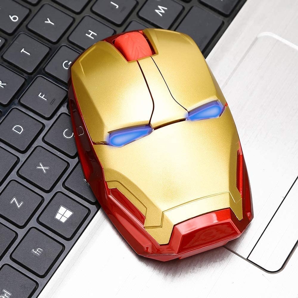 The Iron Man mouse on a laptop keyboard