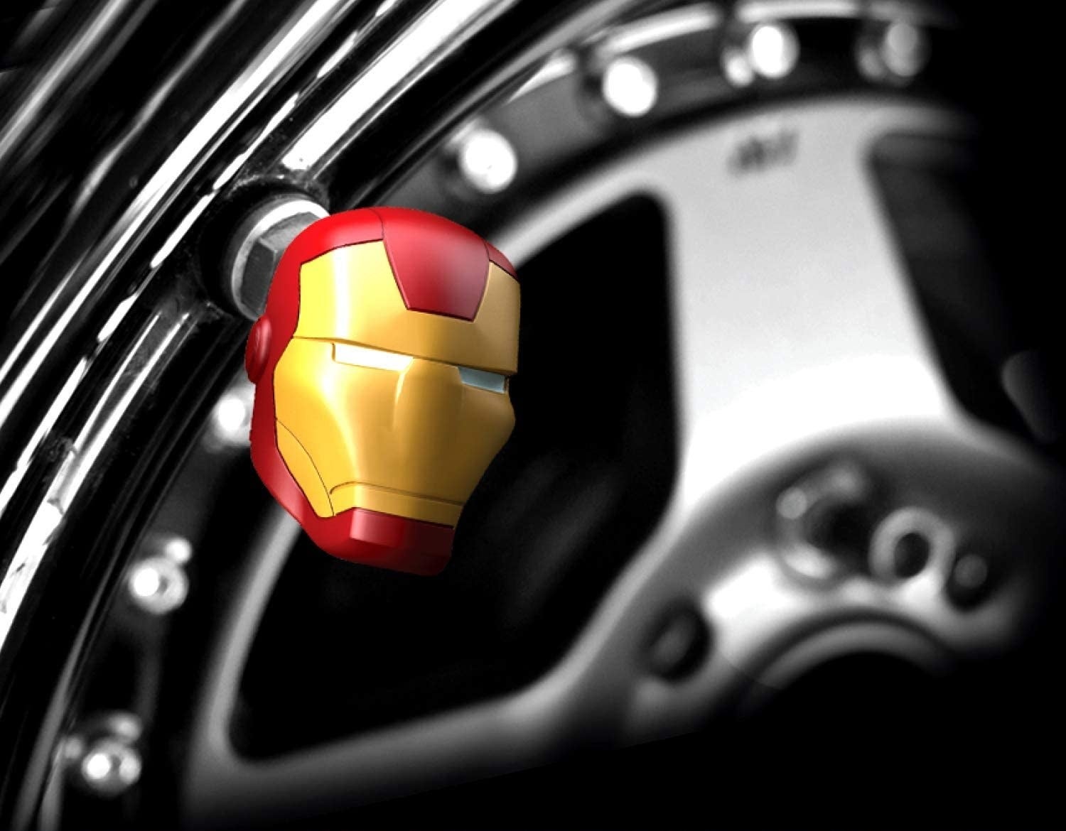 An Iron Man valve cap on a tire