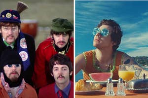 The Beetles are on the left posing in a portrait with Harry Styles eating at a table on the right
