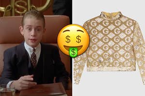 Richie Rich is sitting at a table on the left with a Gucci shirt on the right and a money face emoji in the center