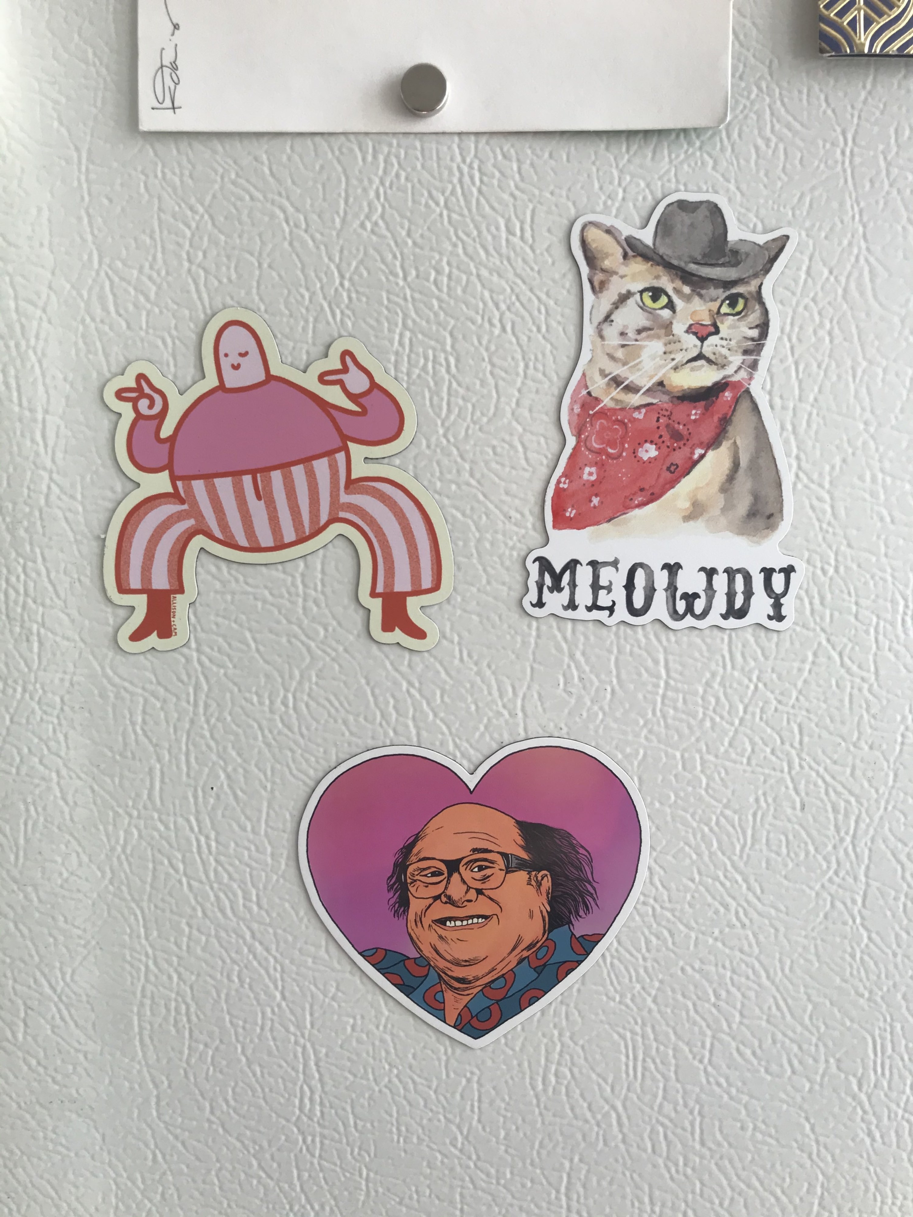White fridge with three magnets on it — one of a squatting person making finger guns, one of a cat wearing a cowboy hat with text &quot;meowdy&quot; on it, and one of Danny Devito