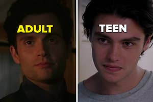 Joe Goldberg from "You" is on the left labeled, "Adult" with Marcus Baker on the right labeled, "Teen"