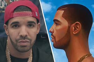 Drake is on the left wearing his hat backwards with an album cover on the right