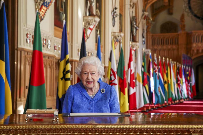 Queen Elizabeth II signing her Commonwealth Day Message in Windsor Castle