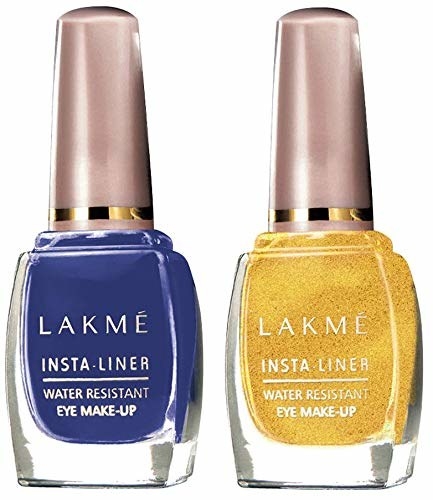 A set of blue and yellow liquid eyeliner from Lakme.