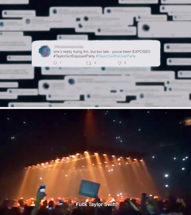 A series of tweets from the #TaylorSwiftIsOverParty hashtag from Swift&#x27;s &quot;Miss Americana&quot; documentary; a clip of Kanye West fans chanting &quot;Fuck Taylor Swift&quot; from her &quot;Miss Americana&quot; documentary