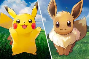Pikachu and Eevee standing side by side with cute smiles