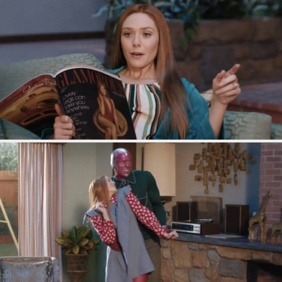 Wanda reading a magazine dressed in blue and colorful stripes and a still of Vision dressed in green and Vanda dressed in red and blue