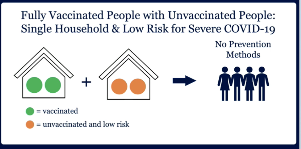 A graphic says that no prevention methods are necessary for vaccinated and unvaccinated, low-risk households to socialize