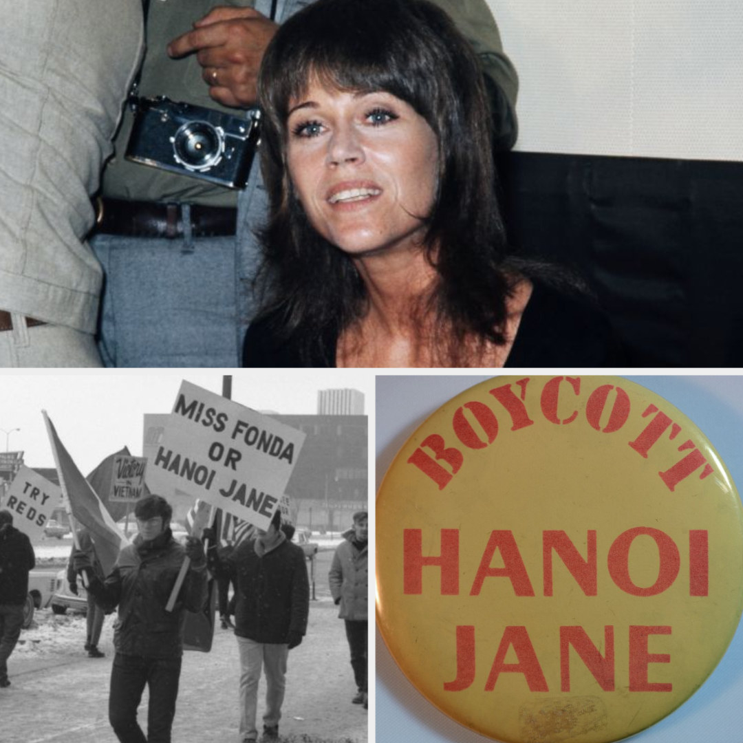 Jane Fonda at a 1972 press conference; a young man holding a protest sign that reads: &quot;Miss Fonda or Hanoi Jane;&quot; a vintage button from the 1970s that reads: &quot;Boycott Hanoi Jane&quot;