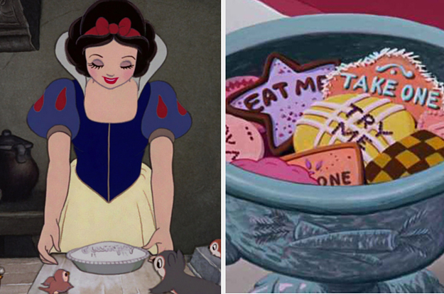 Snow White is on the left holding a pie with a bowl of cookies on the right