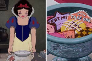 Snow White is on the left holding a pie with a bowl of cookies on the right