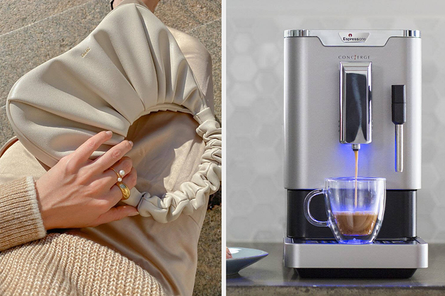 (left) ruched beige handbag (right) espresso maker