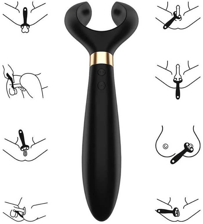 Vibe with long handle and C-shape silicone ends beside several illustrations showing nipple, clitoral, anal, and penile stimulation options the diverse design can create 