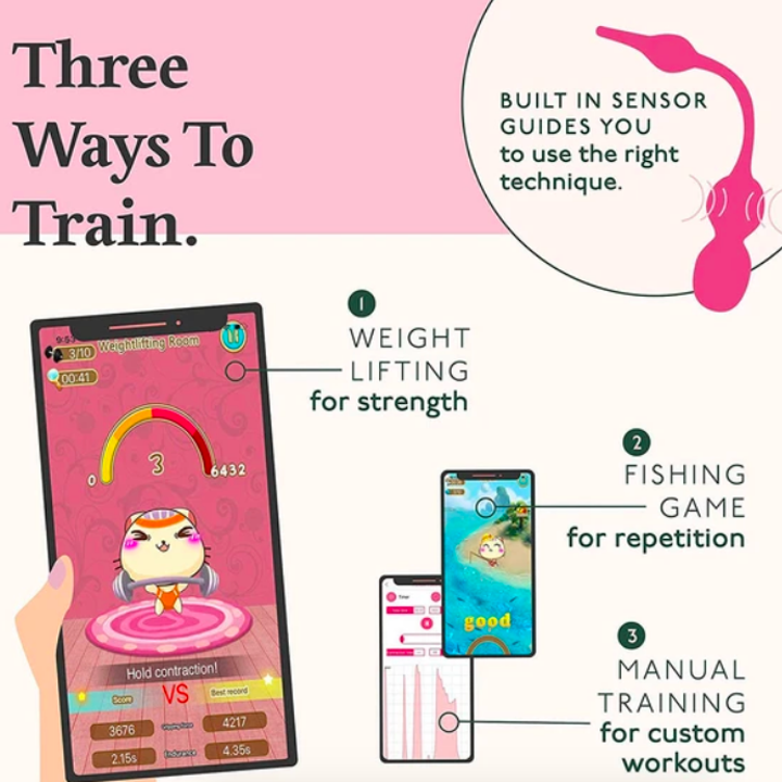 Graphic showing the app's "Three Ways To Train" which include a weight lifting game, fishing game, and manual goal updates 