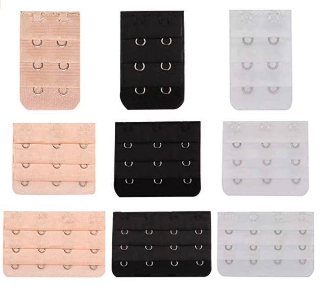 A set of nine bra extenders in three colours and three sizes