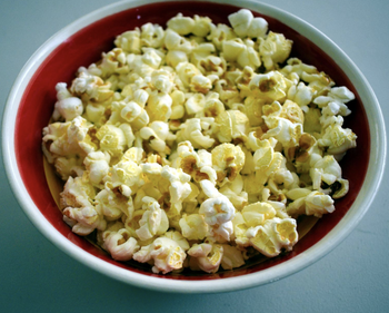 Reviewer's buttery popcorn in a bowl
