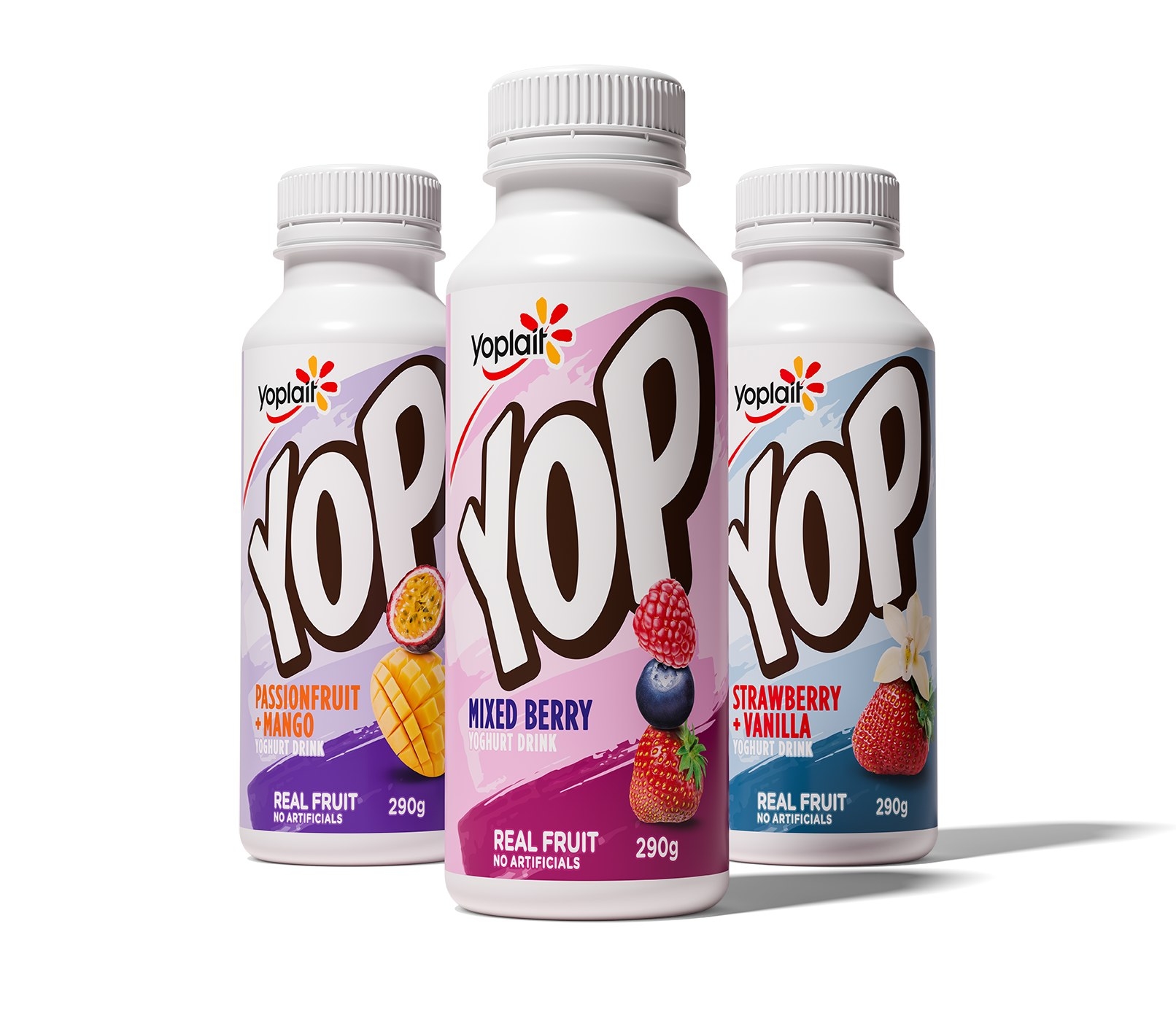 Mixed Berry, Passionfruit and Mango, and Strawberry and Vanilla Yoplait Yops