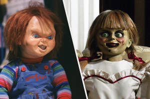 Chucky and Annabelle sitting side by side, with evil smiles on their doll faces