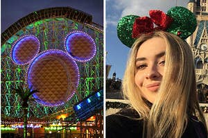 A roller coast from california adventures on the left and sabrina carpenter in christmas mickey ears on the right