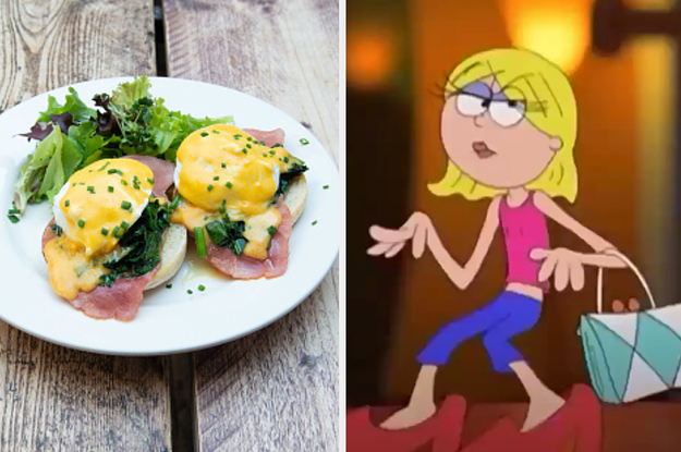 A plate of eggs Benedict is on the left with an animated Lizzie McGuire on the right holding a bag