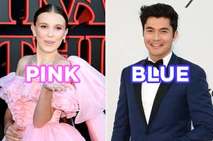 On the left, Millie Bobby Brown labeled "pink," and on the right, Henry Golding labeled "blue"