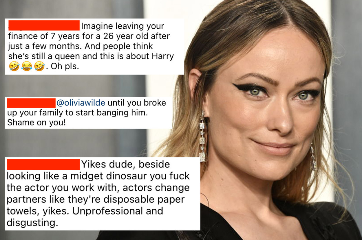 A red carpet image of Olivia Wilde from 2020; a few blocks of abusive comments from Wilde&#x27;s Instagram account, slut-shaming her for dating Harry Styles