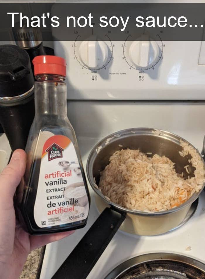 person mixing up vanilla extract and soy sauce while cooking rice